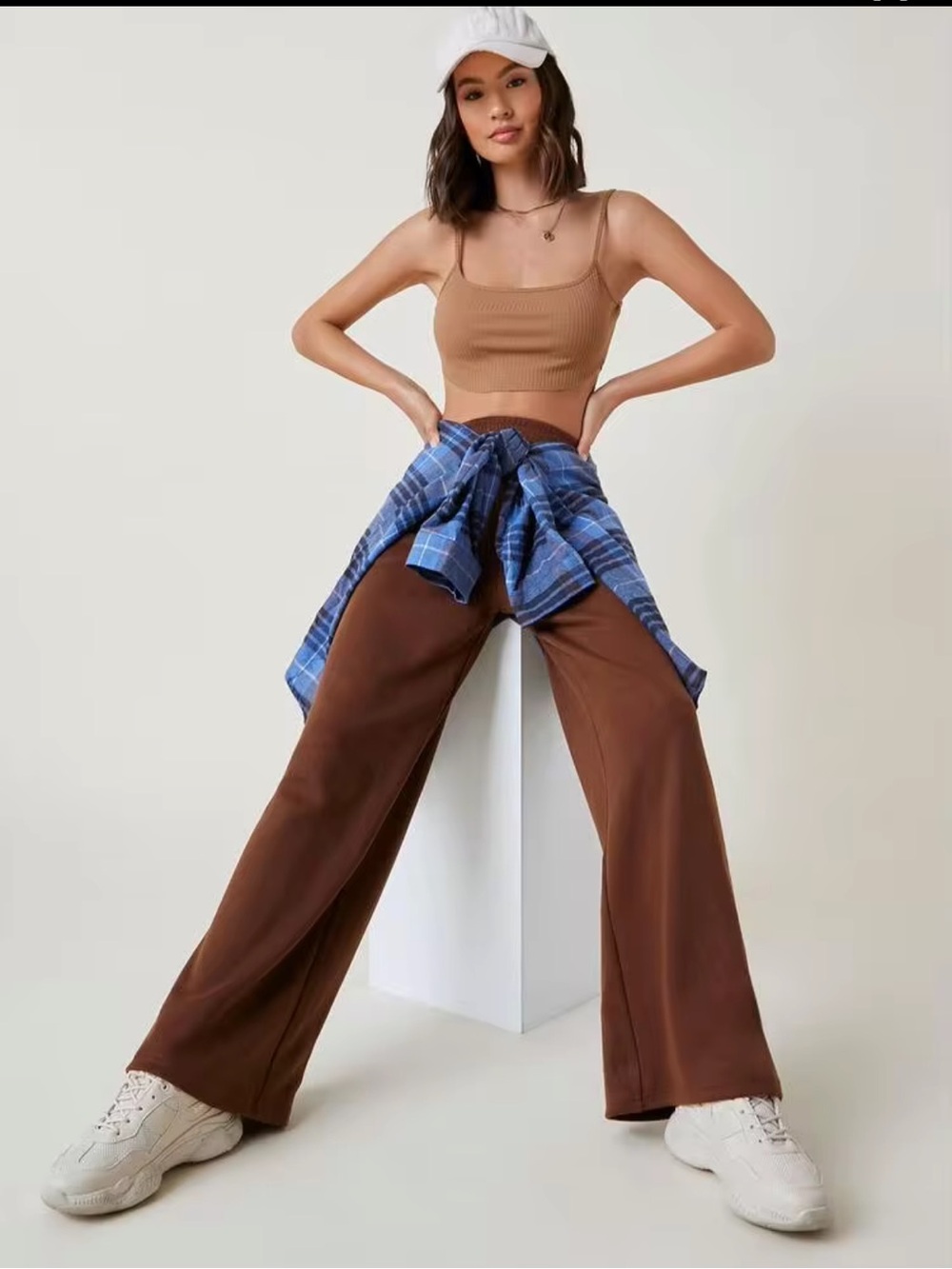 Women’s Casual Elastic Waist wide leg Pants - Brown